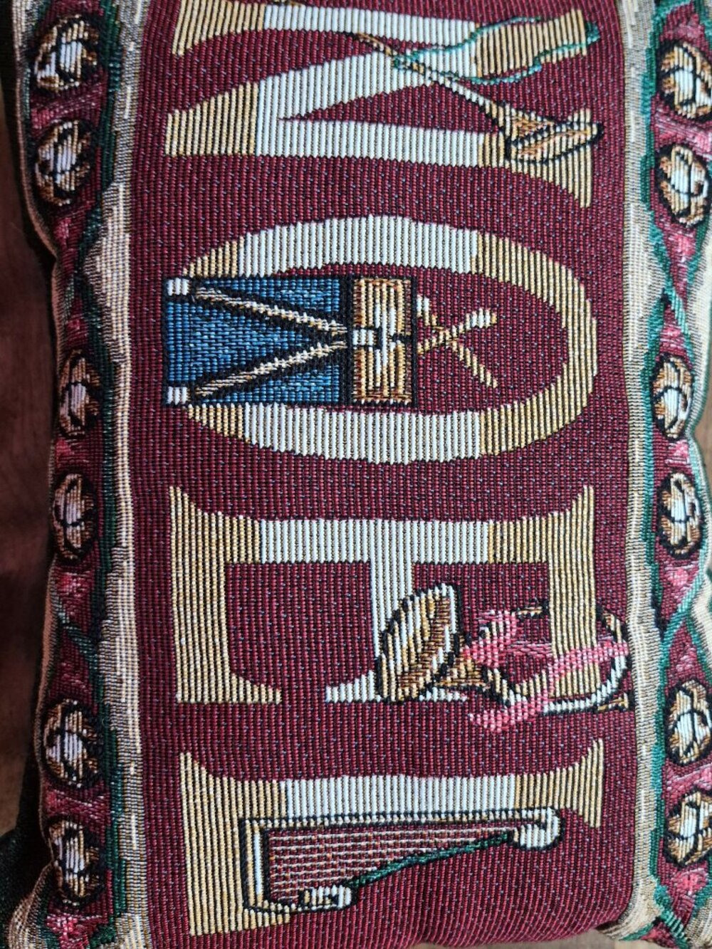 Christmas Tapestry Throw Pillow Noel Festive Holiday Horns Bells Drums 12" x 9"